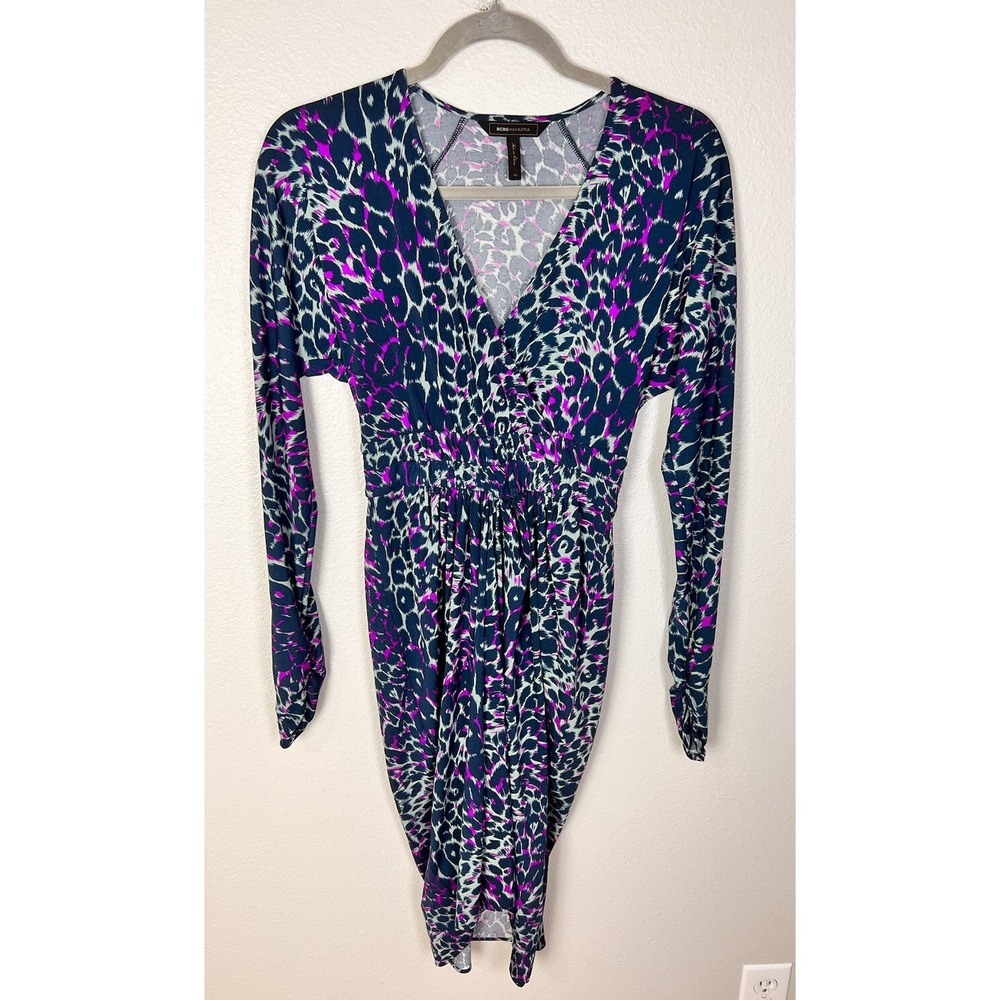 BCBG Max Azria‎ Blue & Pink Animal Print Faux Wrap V-Neck Dress, Size XS